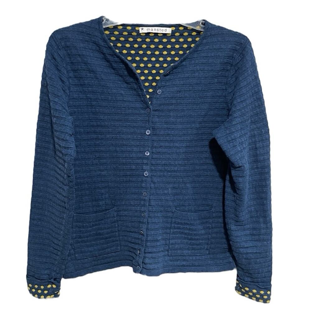 Twee Mansted Womens Textured Knit Cardigan Sweater Size Medium Blue Polka Dots